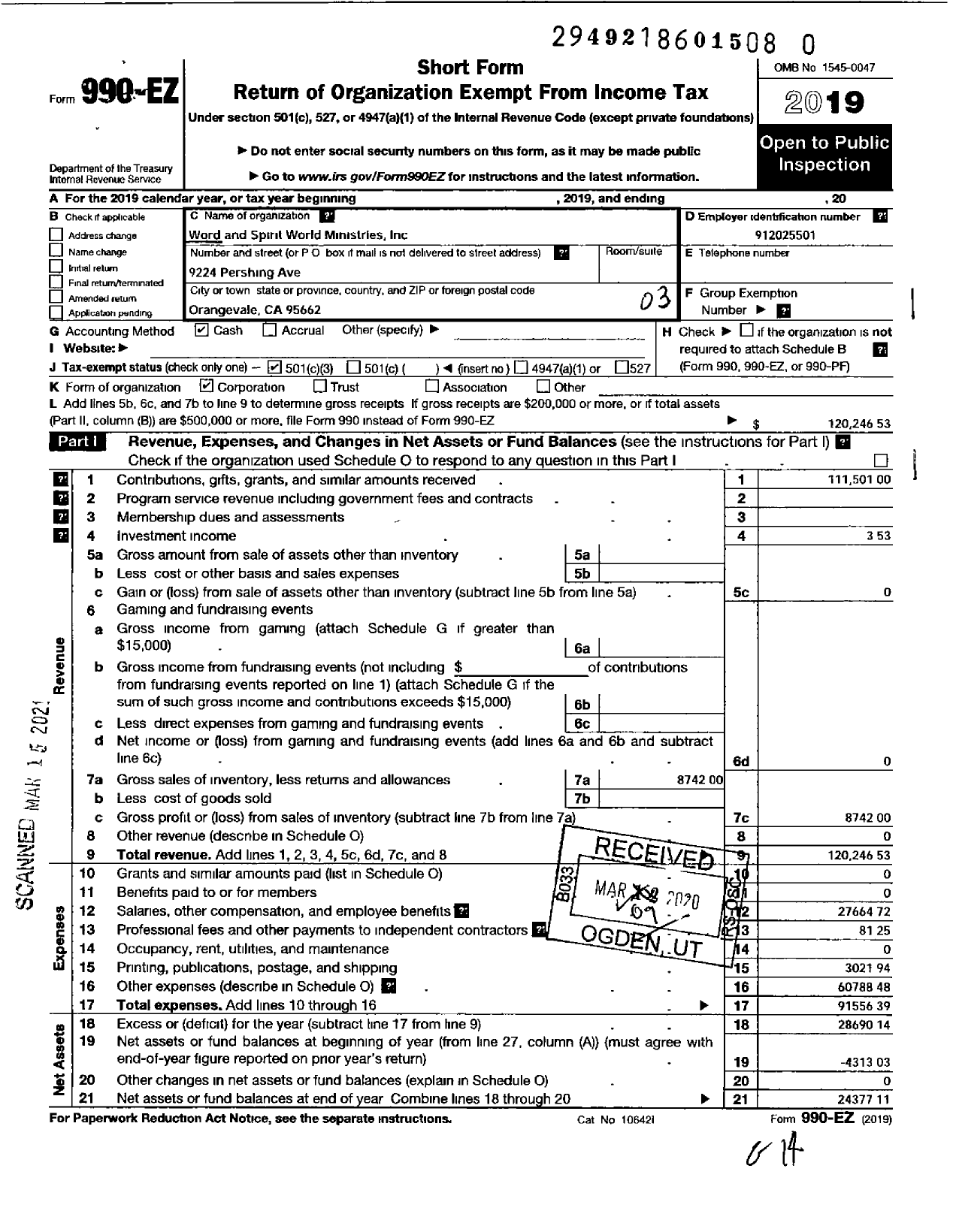 Image of first page of 2019 Form 990EZ for Word and Spirit World Ministries