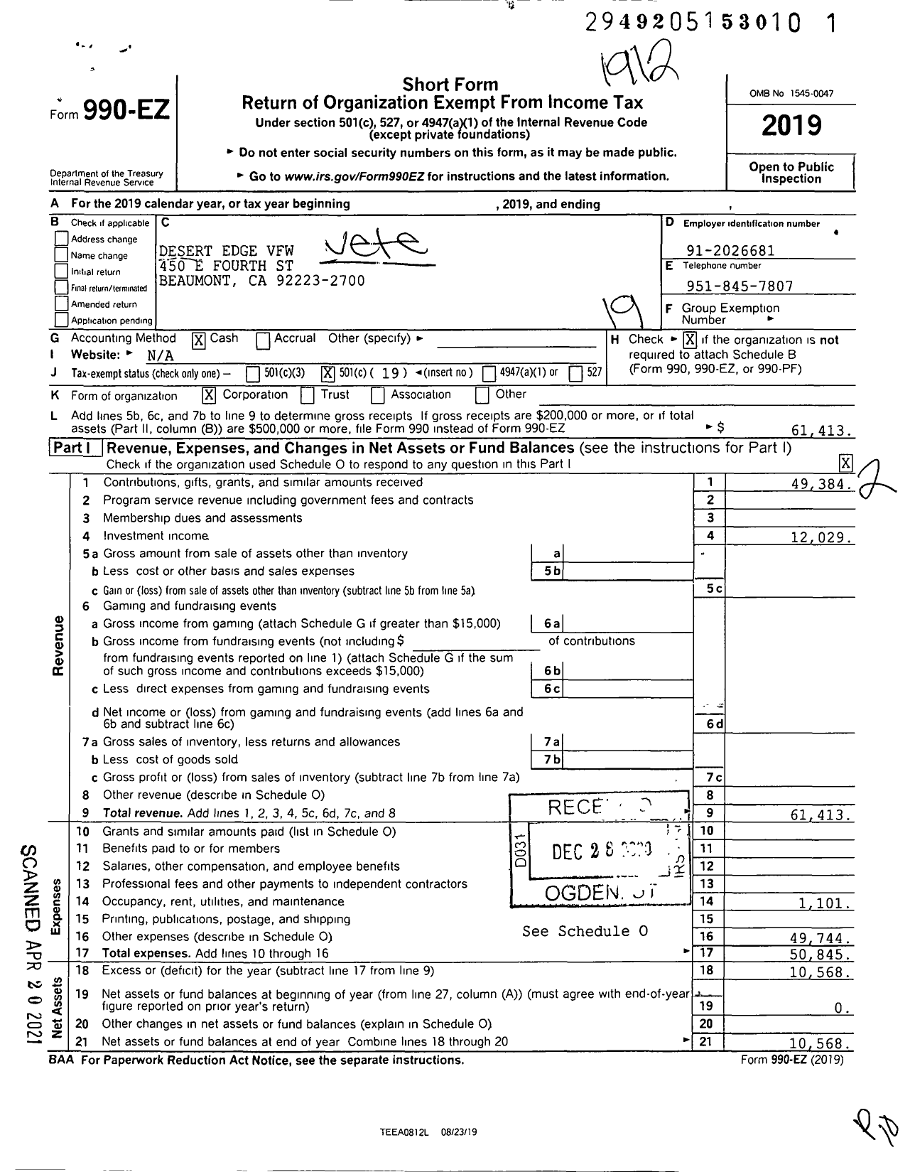 Image of first page of 2019 Form 990EO for VFW California Department - 233 Desert Edge Post