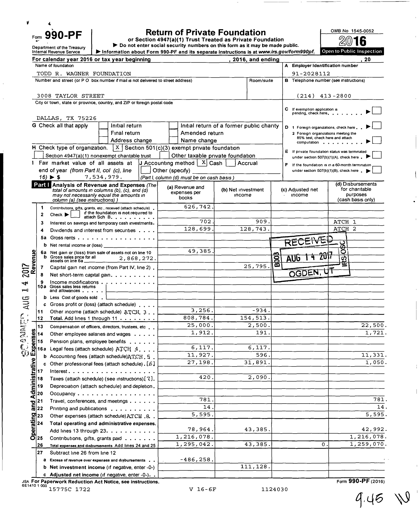 Image of first page of 2016 Form 990PF for Todd R Wagner Foundation