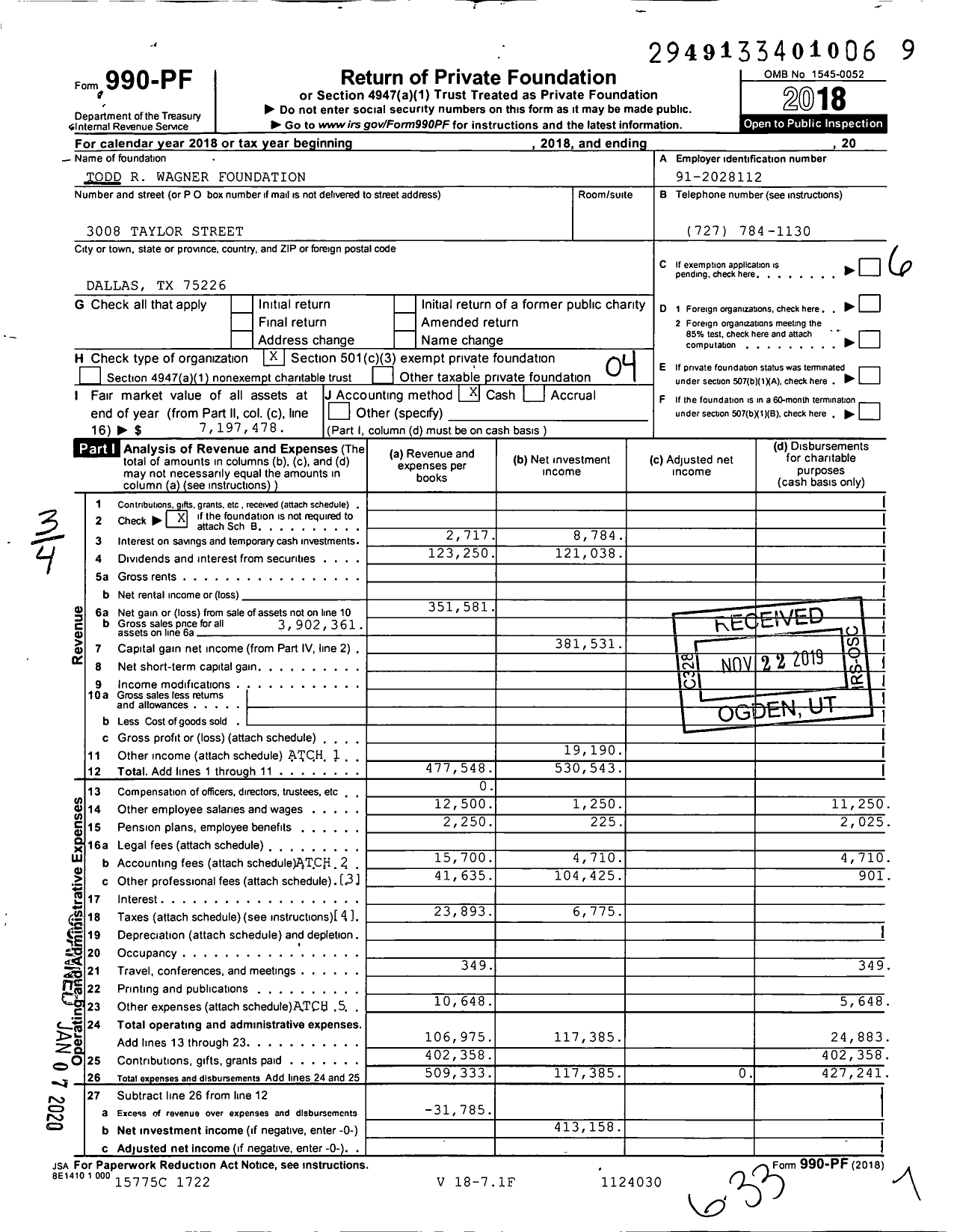 Image of first page of 2018 Form 990PF for Todd R Wagner Foundation