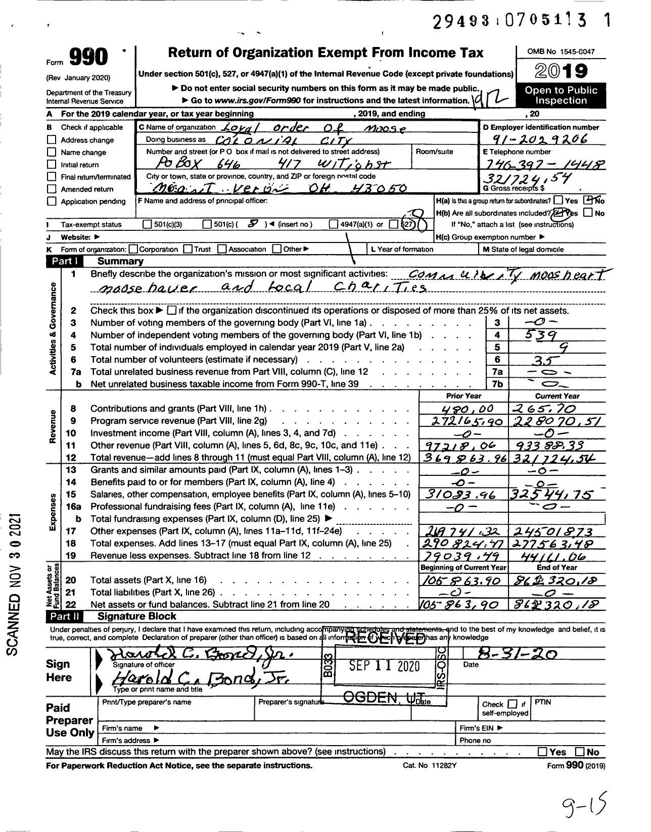 Image of first page of 2019 Form 990O for Loyal Order of Moose - 2555