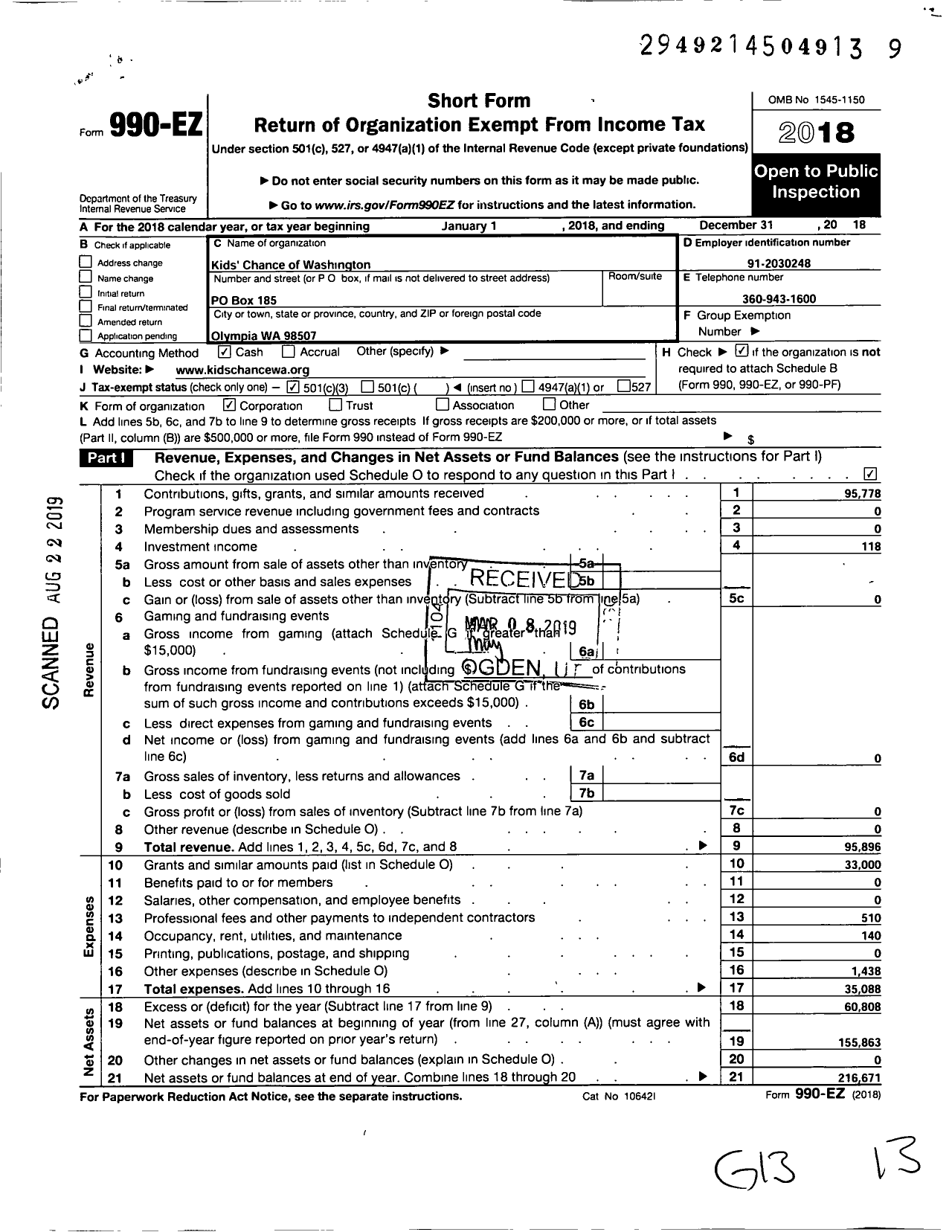 Image of first page of 2018 Form 990EZ for Kids Chance of Washington