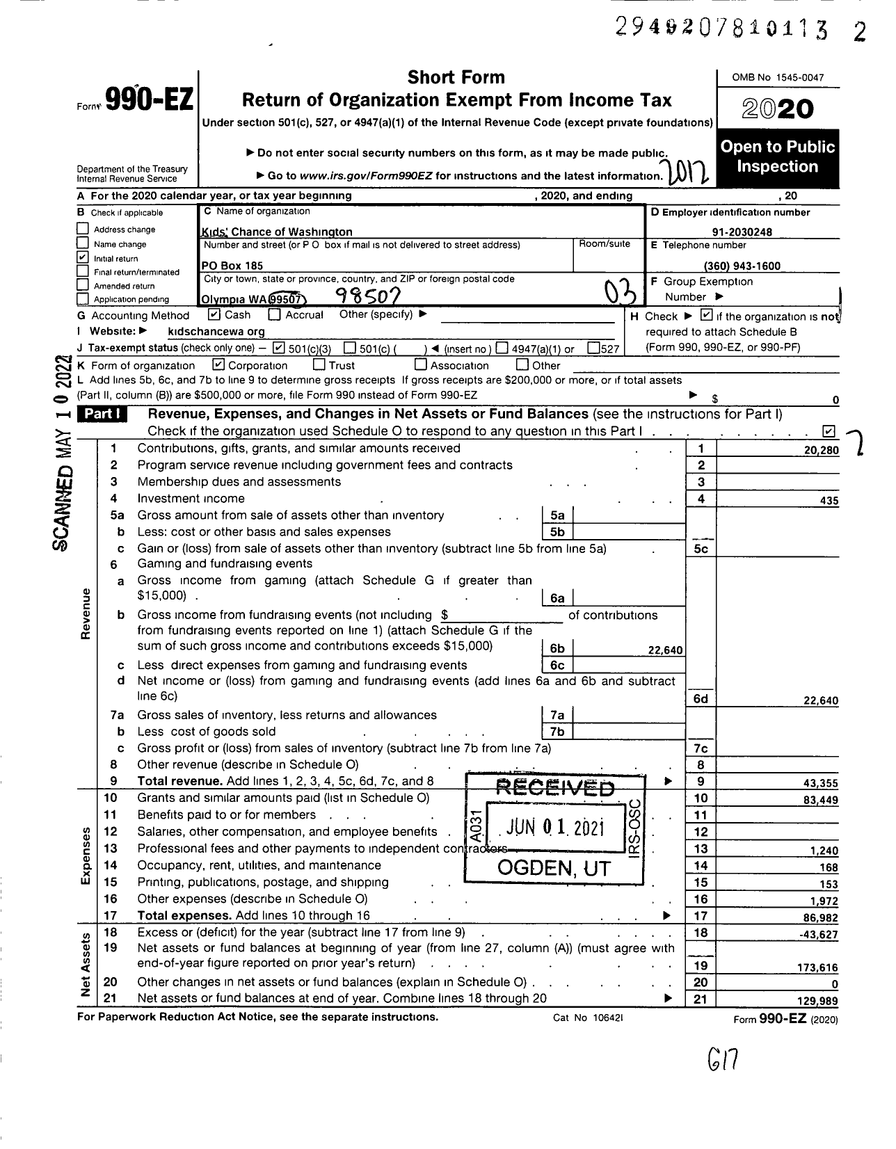 Image of first page of 2020 Form 990EZ for Kids Chance of Washington