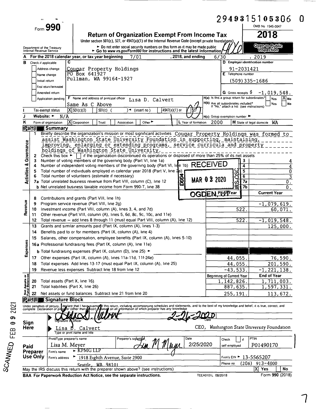 Image of first page of 2018 Form 990 for Cougar Property Holdings