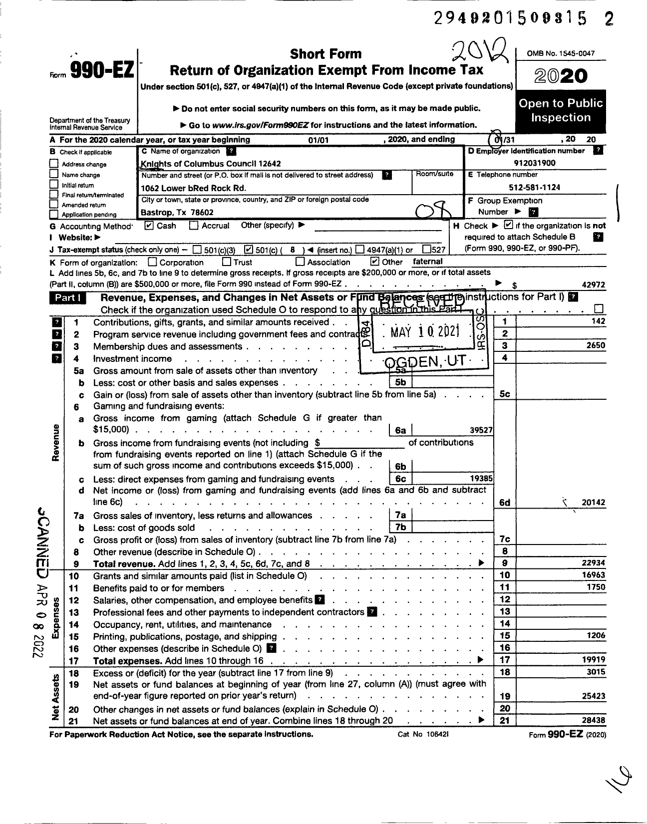 Image of first page of 2020 Form 990EO for Knights of Columbus - 12642 Rockne-String Prairie Council