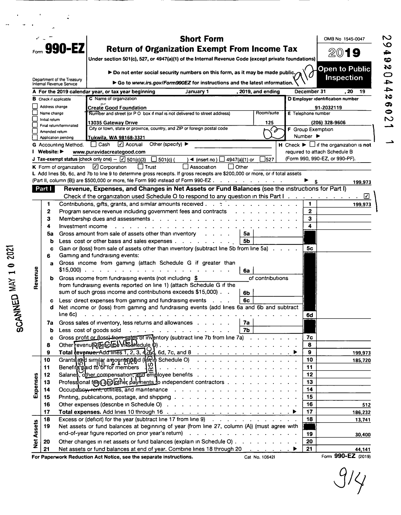 Image of first page of 2019 Form 990EZ for Create Good Foundation