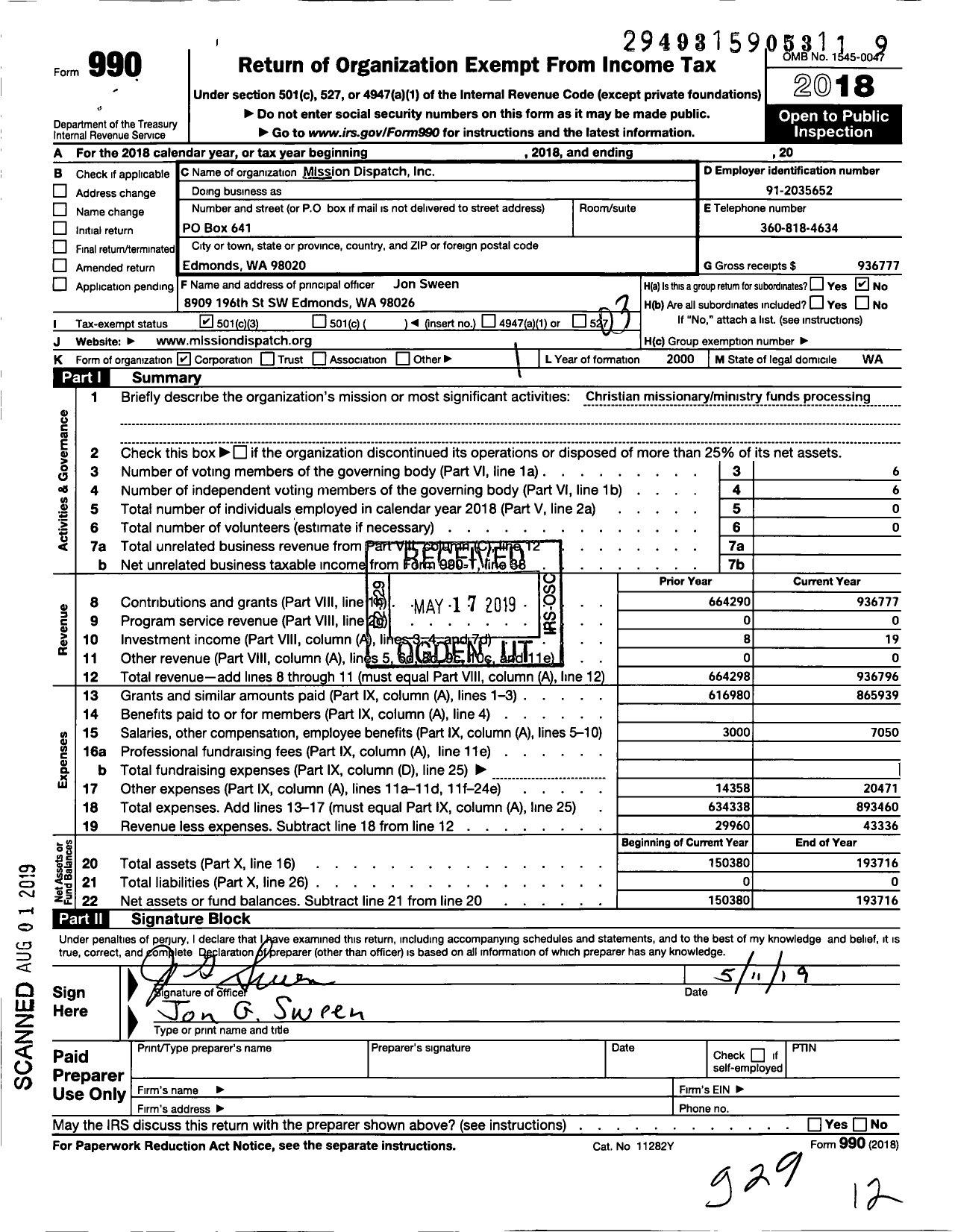 Image of first page of 2018 Form 990 for Mission Dispatch