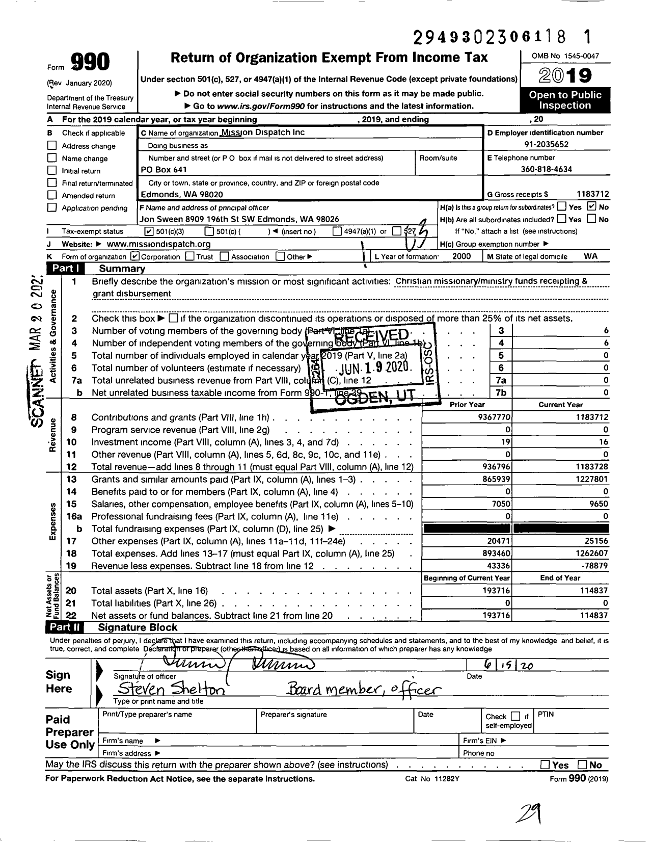 Image of first page of 2019 Form 990 for Mission Dispatch
