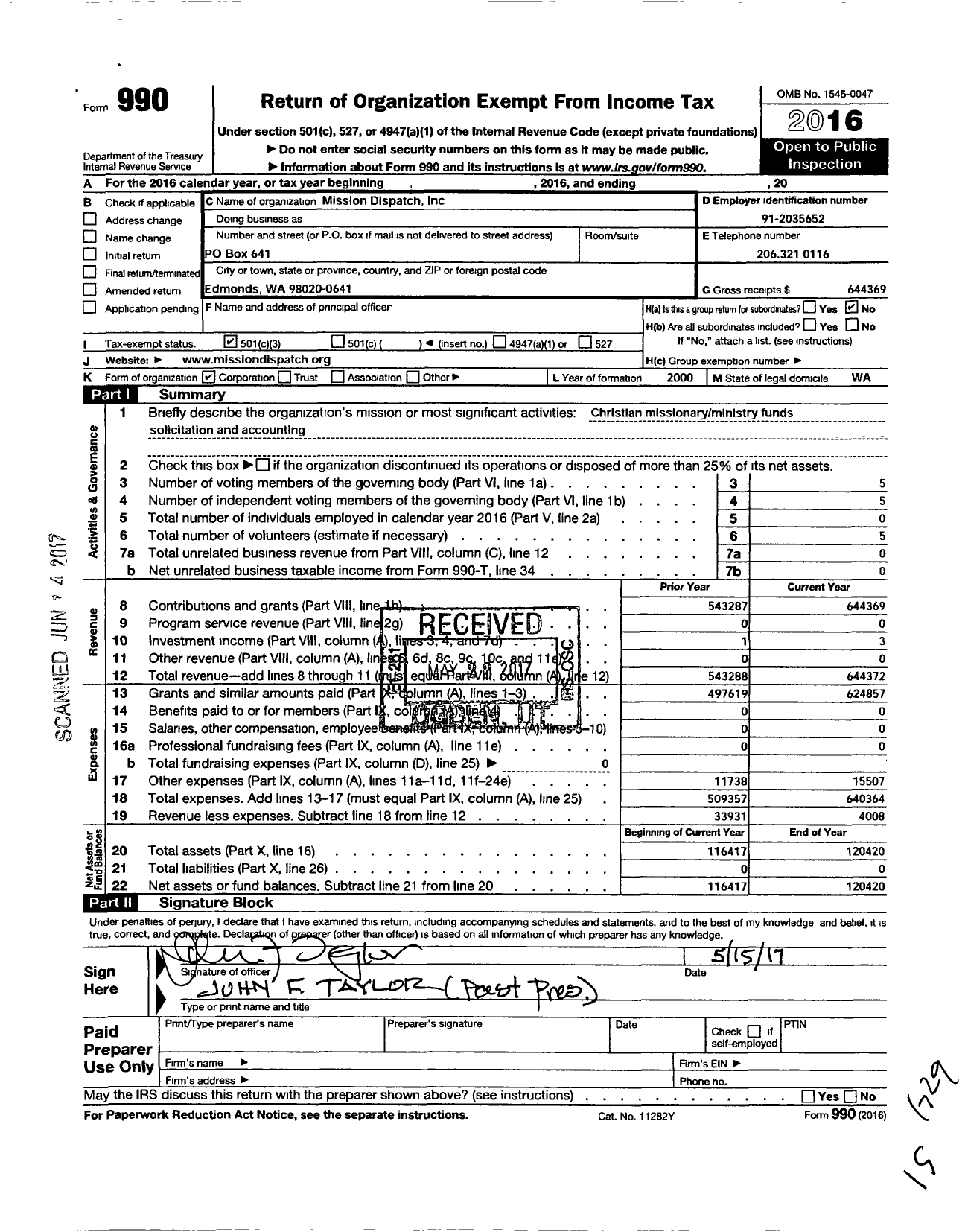 Image of first page of 2016 Form 990 for Mission Dispatch