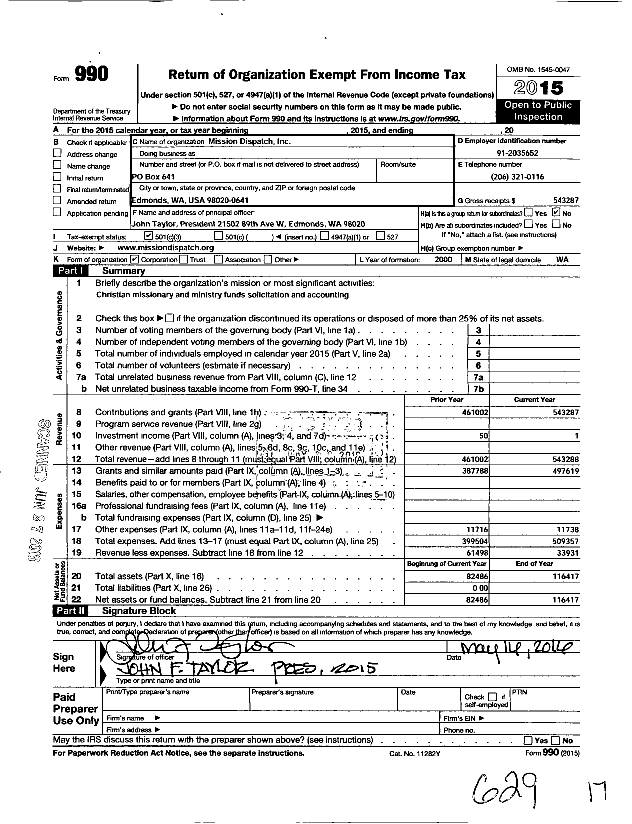 Image of first page of 2015 Form 990 for Mission Dispatch