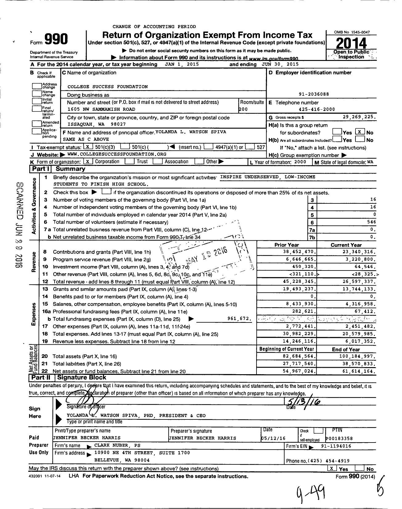 Image of first page of 2014 Form 990 for College Success Foundation