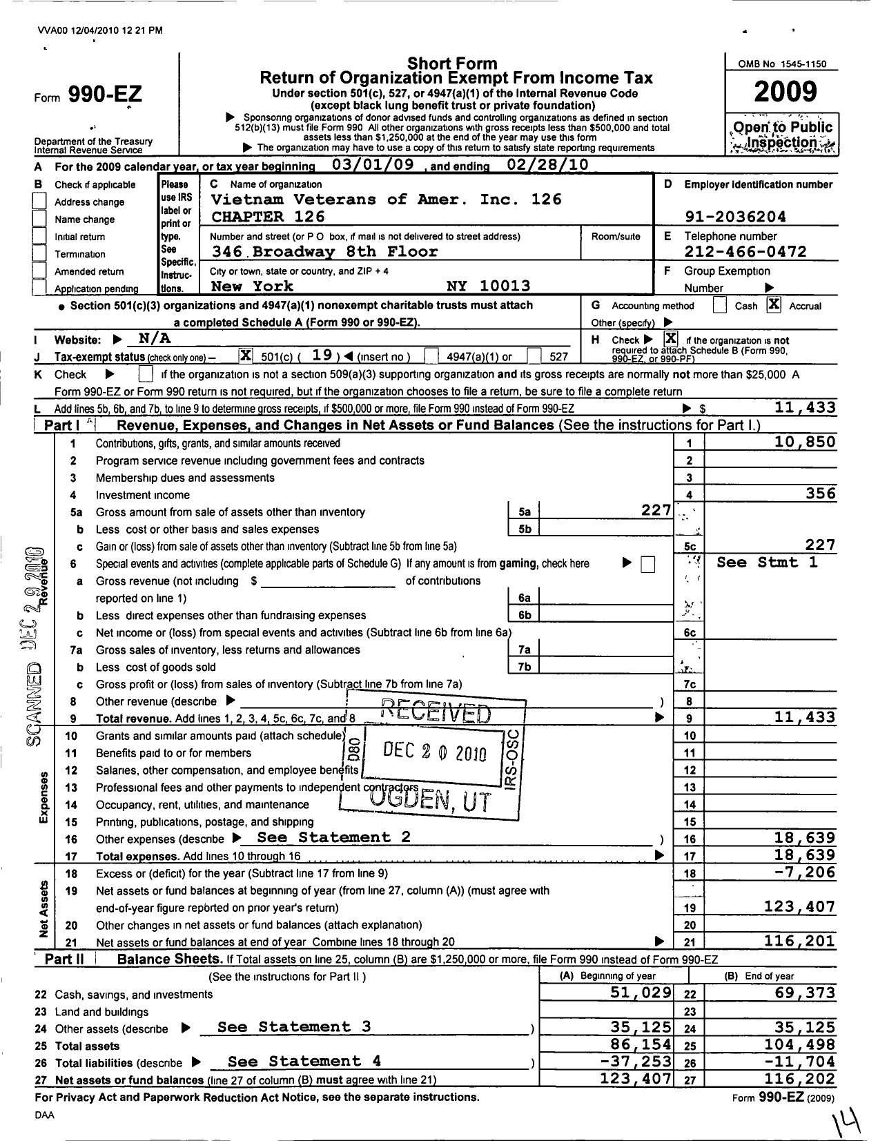 Image of first page of 2009 Form 990EO for Vietnam Veterans of America - 126 Chapter