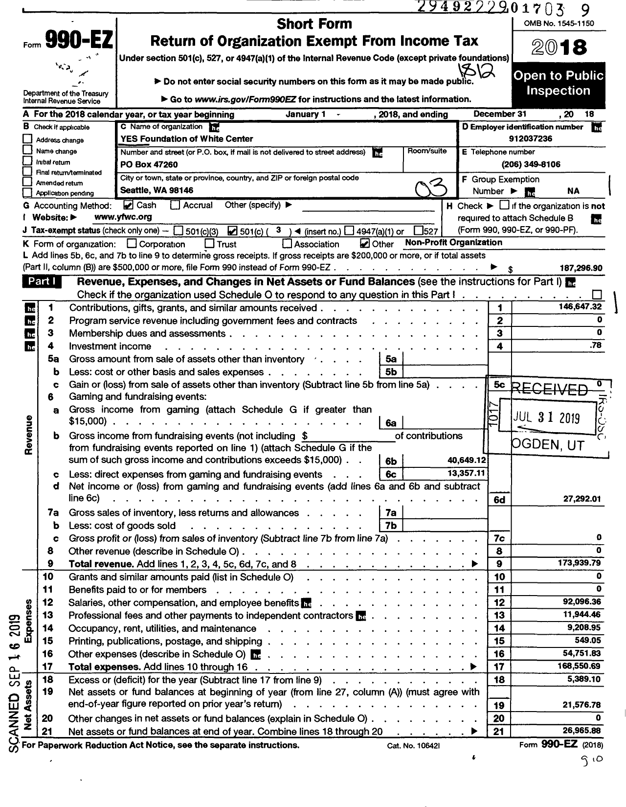 Image of first page of 2018 Form 990EZ for The YES Foundation of White Center