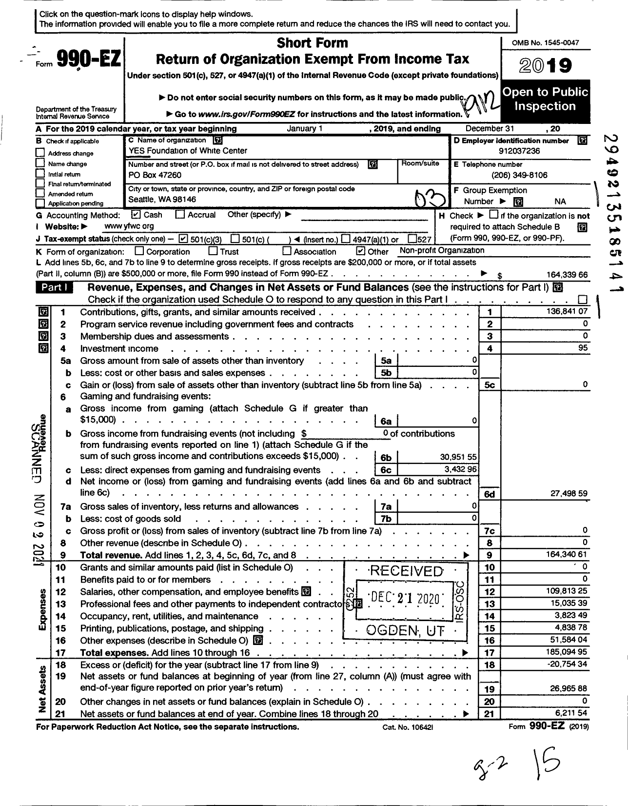 Image of first page of 2019 Form 990EZ for The YES Foundation of White Center