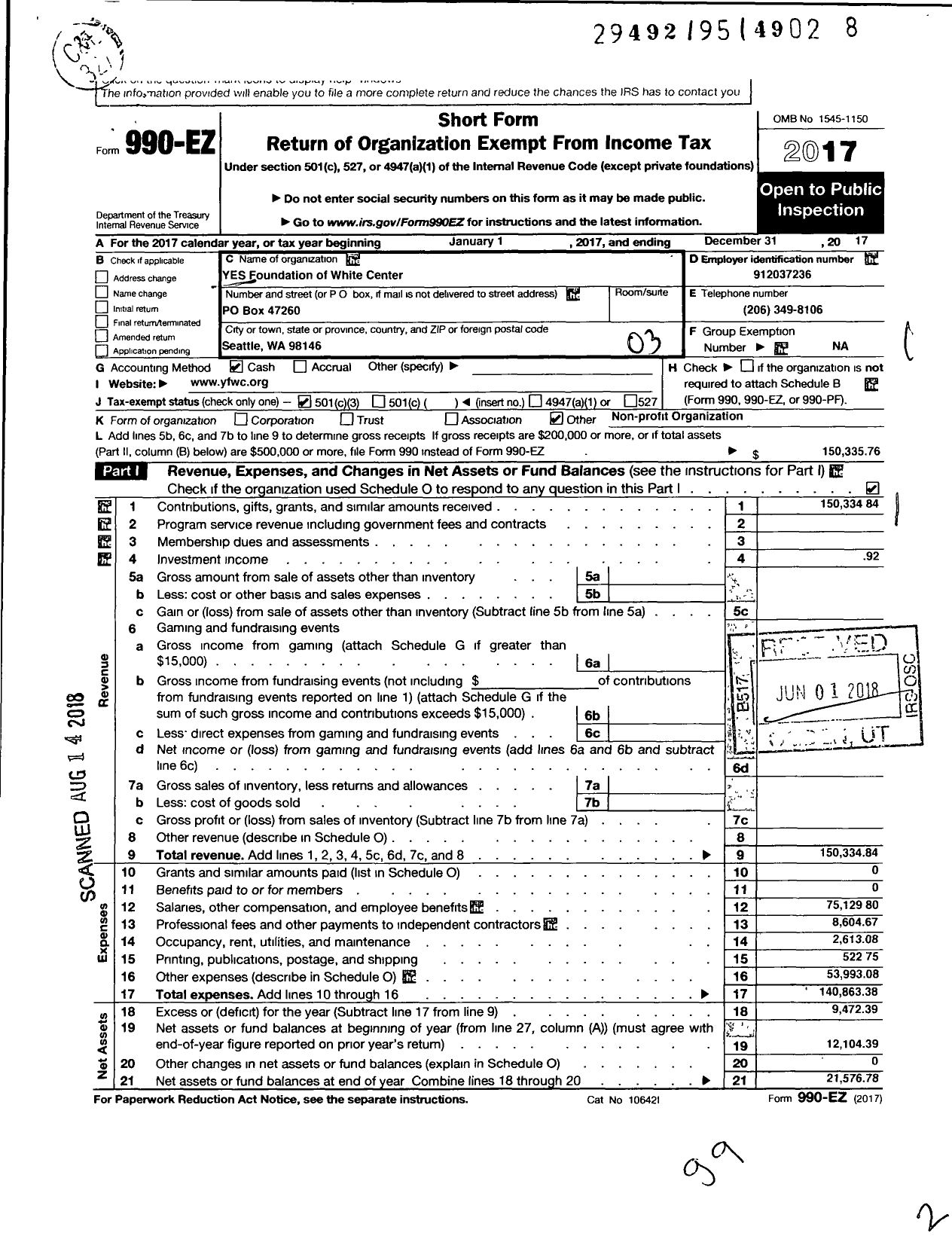 Image of first page of 2017 Form 990EZ for The YES Foundation of White Center