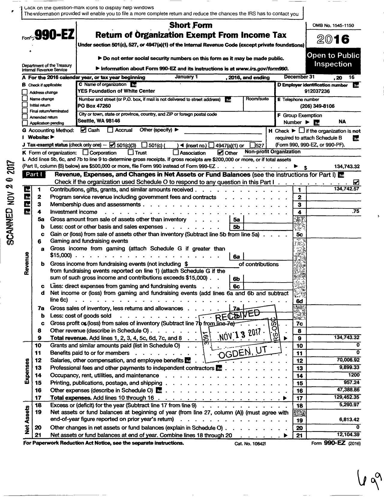 Image of first page of 2016 Form 990EZ for The YES Foundation of White Center