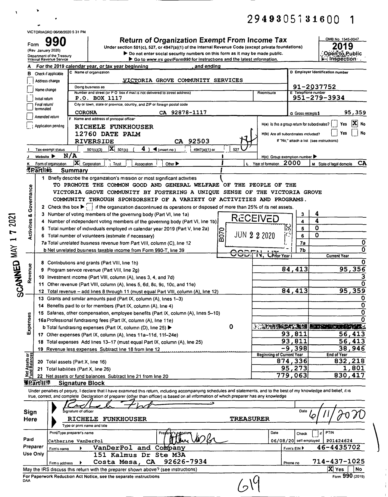 Image of first page of 2019 Form 990O for Victoria Grove Community Services