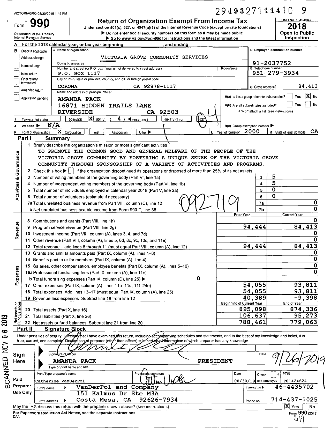 Image of first page of 2018 Form 990O for Victoria Grove Community Services