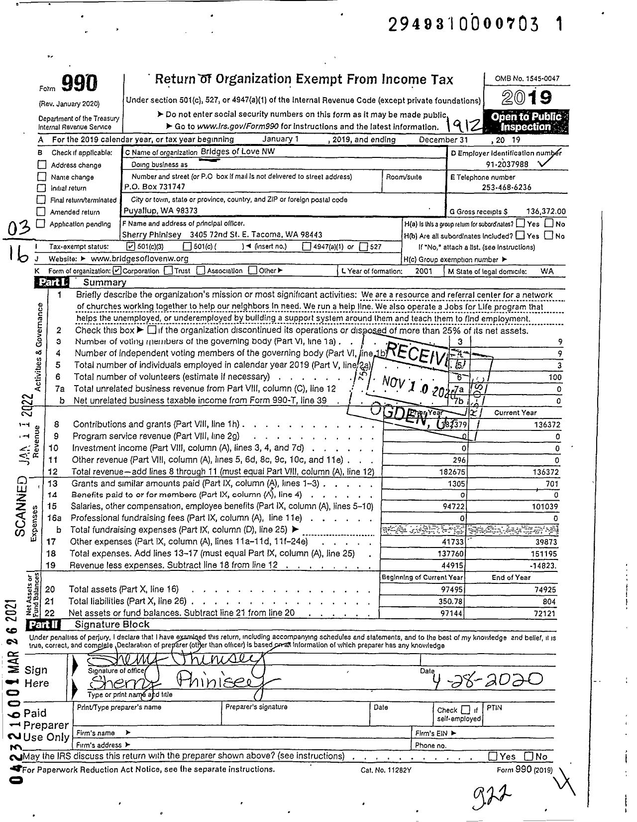 Image of first page of 2019 Form 990 for Bridges of Love NW