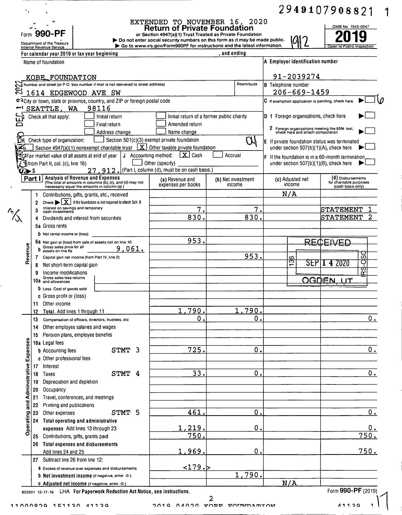 Image of first page of 2019 Form 990PF for Kobe Foundation