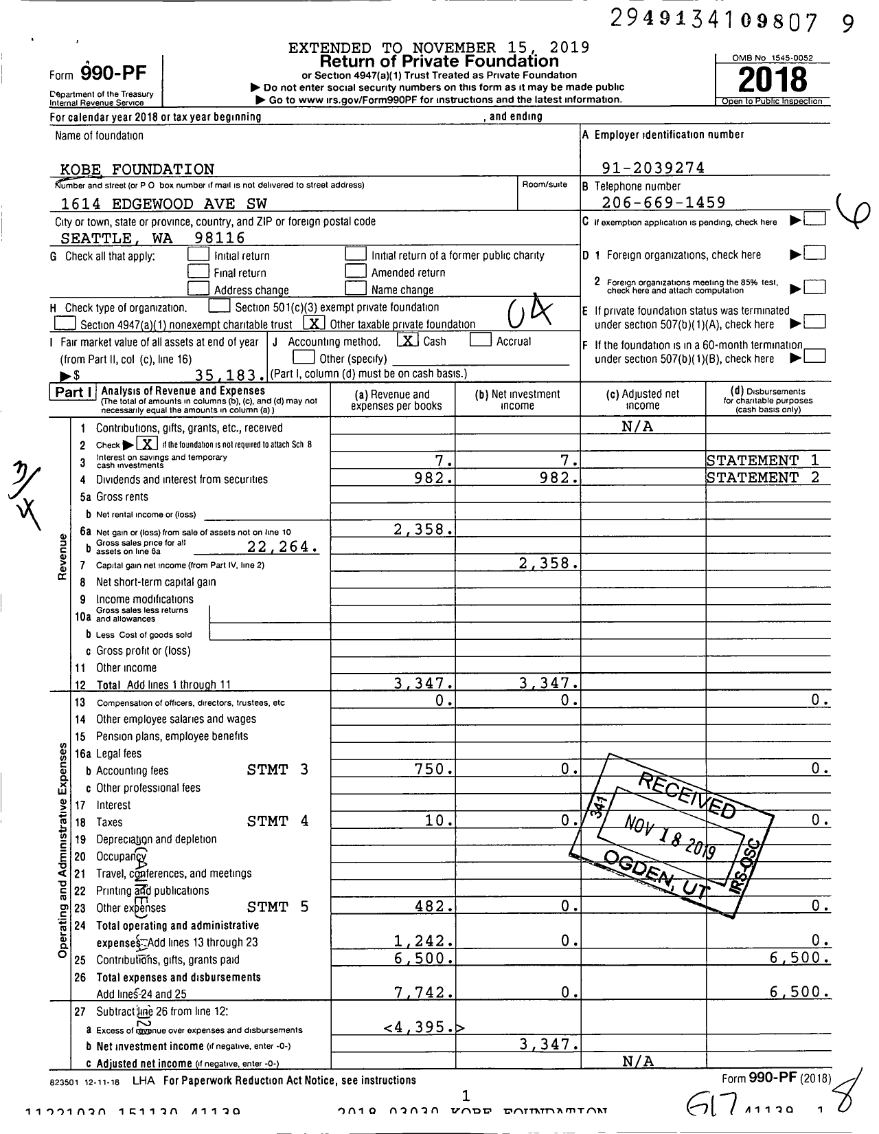 Image of first page of 2018 Form 990PF for Kobe Foundation