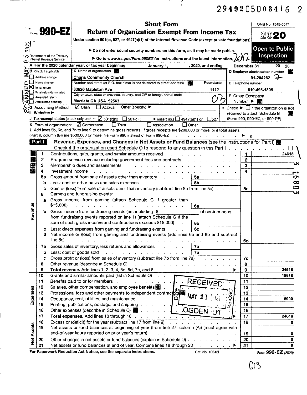 Image of first page of 2020 Form 990EZ for Charis Community Church