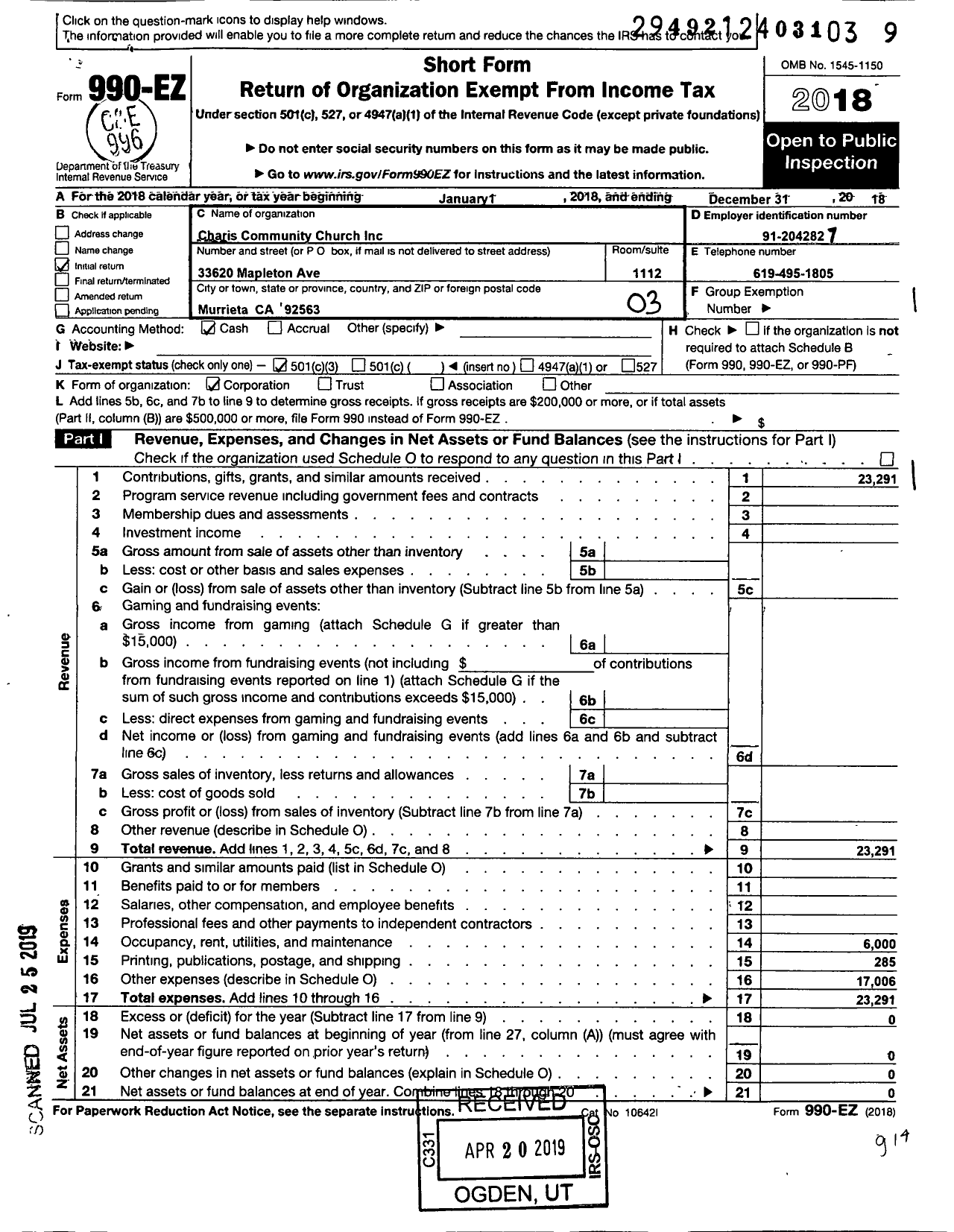 Image of first page of 2018 Form 990EZ for Charis Community Church