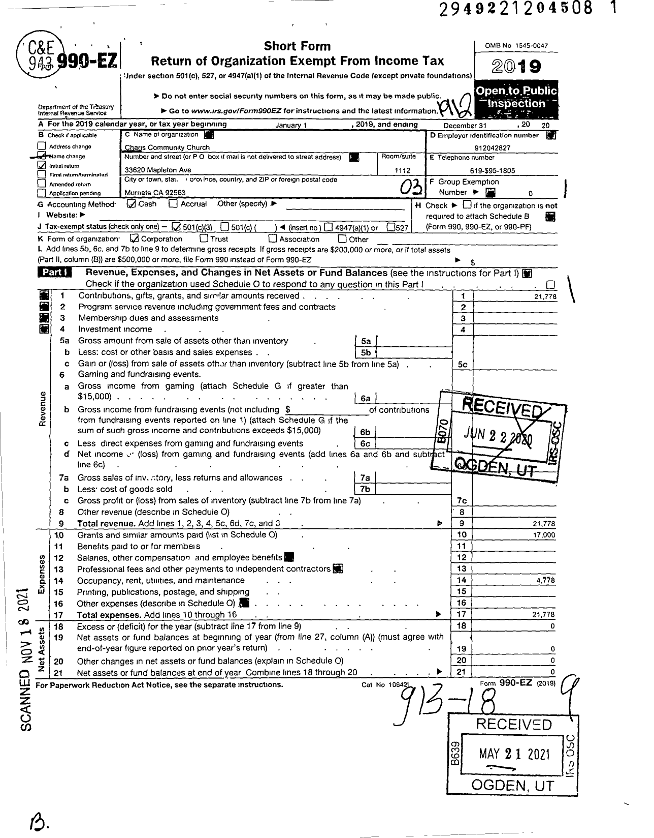 Image of first page of 2019 Form 990EZ for Charis Community Church