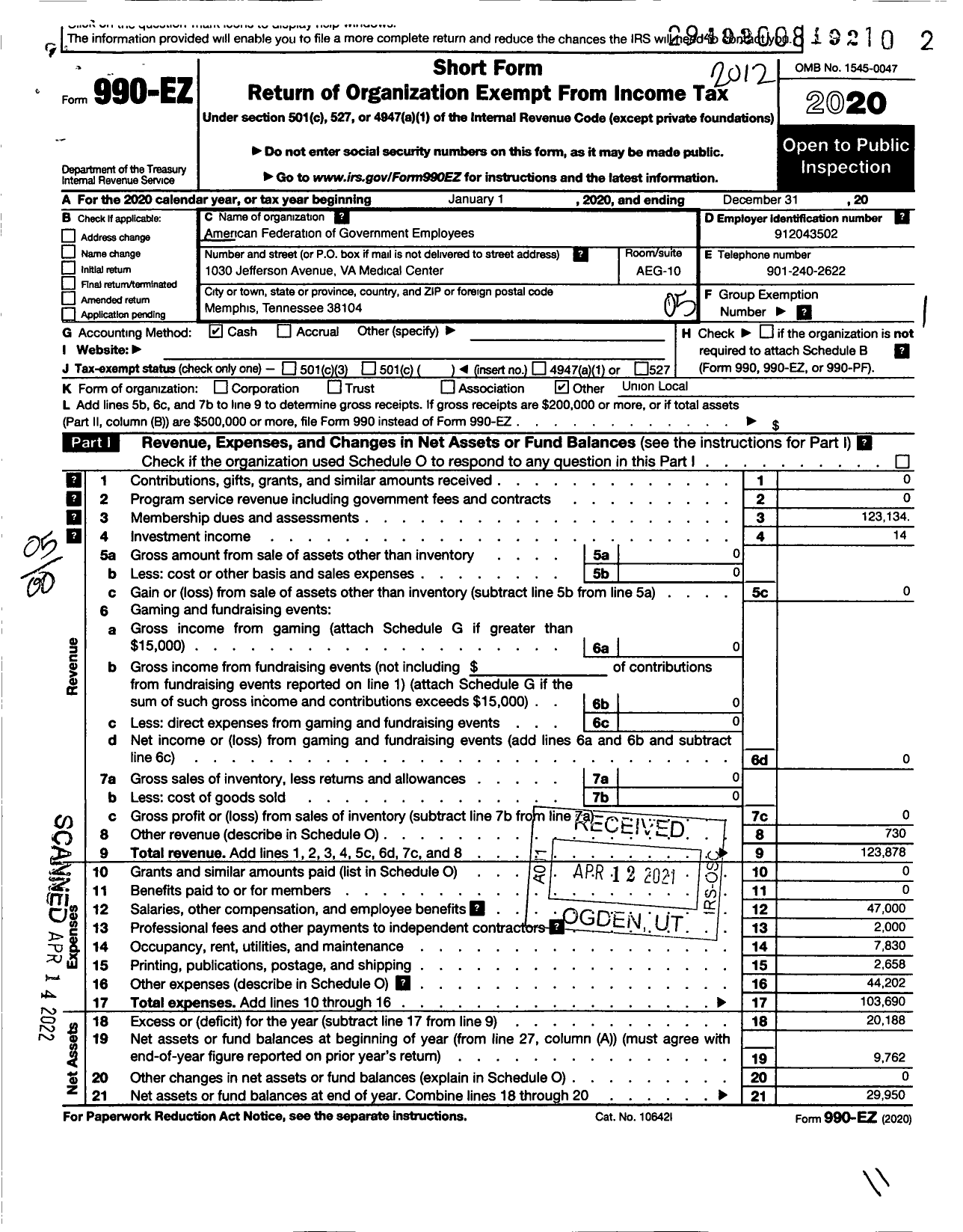 Image of first page of 2020 Form 990EO for AMERICAN FEDERATION OF GOVERNMENT EMPLOYEES - 3930 AFGE Va Local