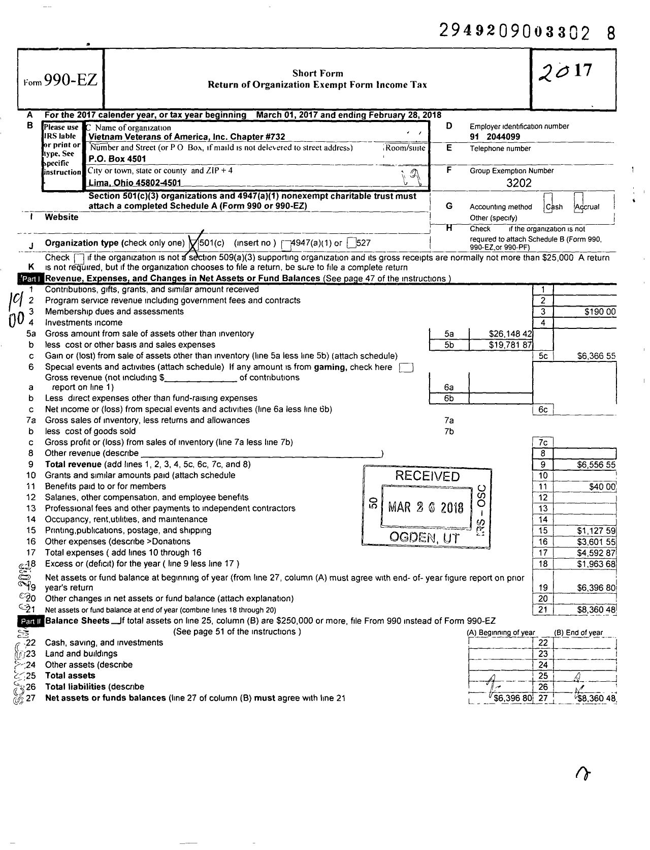 Image of first page of 2017 Form 990EO for Vietnam Veterans of America - 732 Chapter