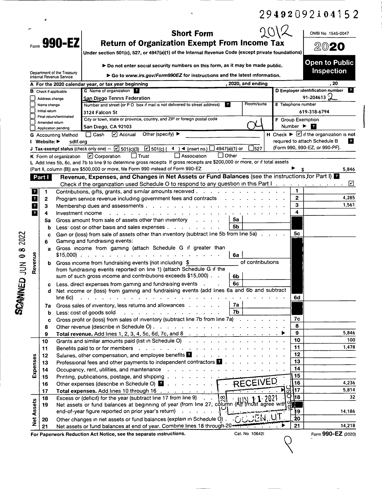 Image of first page of 2020 Form 990EO for San Diego Tennis Federation