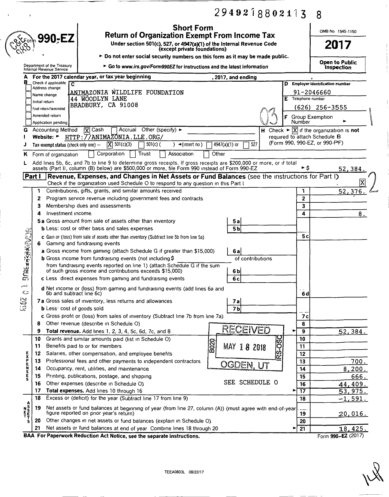 Image of first page of 2017 Form 990EZ for Animazonia Wildlife Foundation