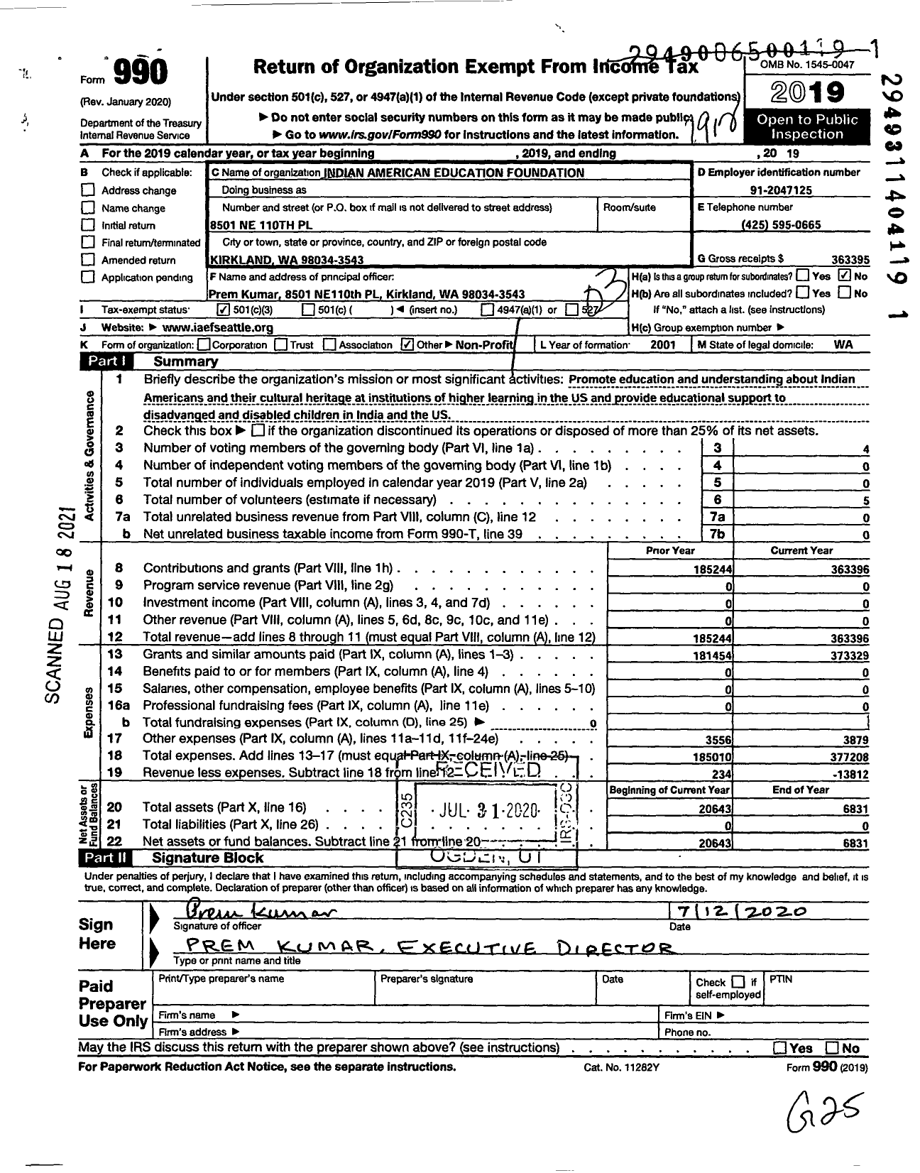 Image of first page of 2019 Form 990 for Indian American Education Foundation