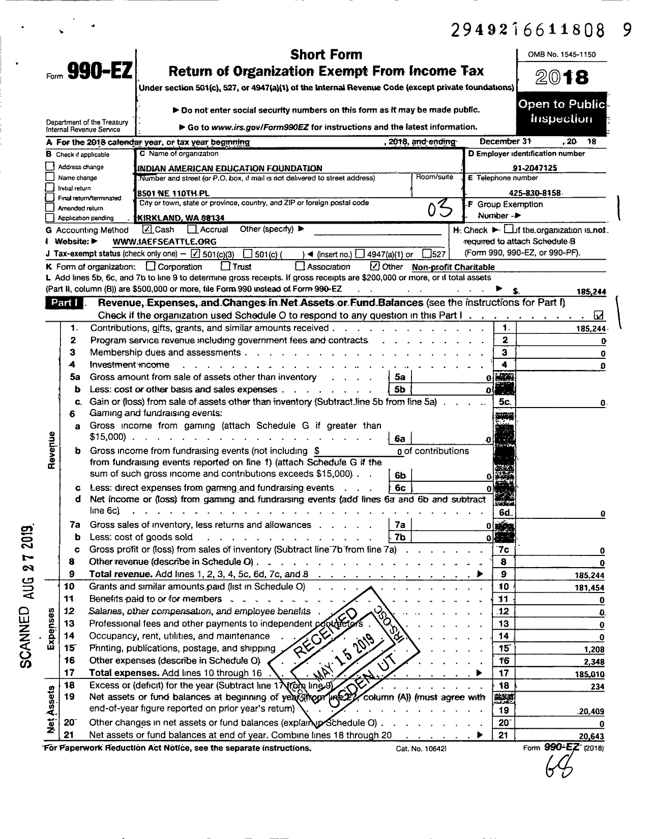 Image of first page of 2018 Form 990EZ for Indian American Education Foundation