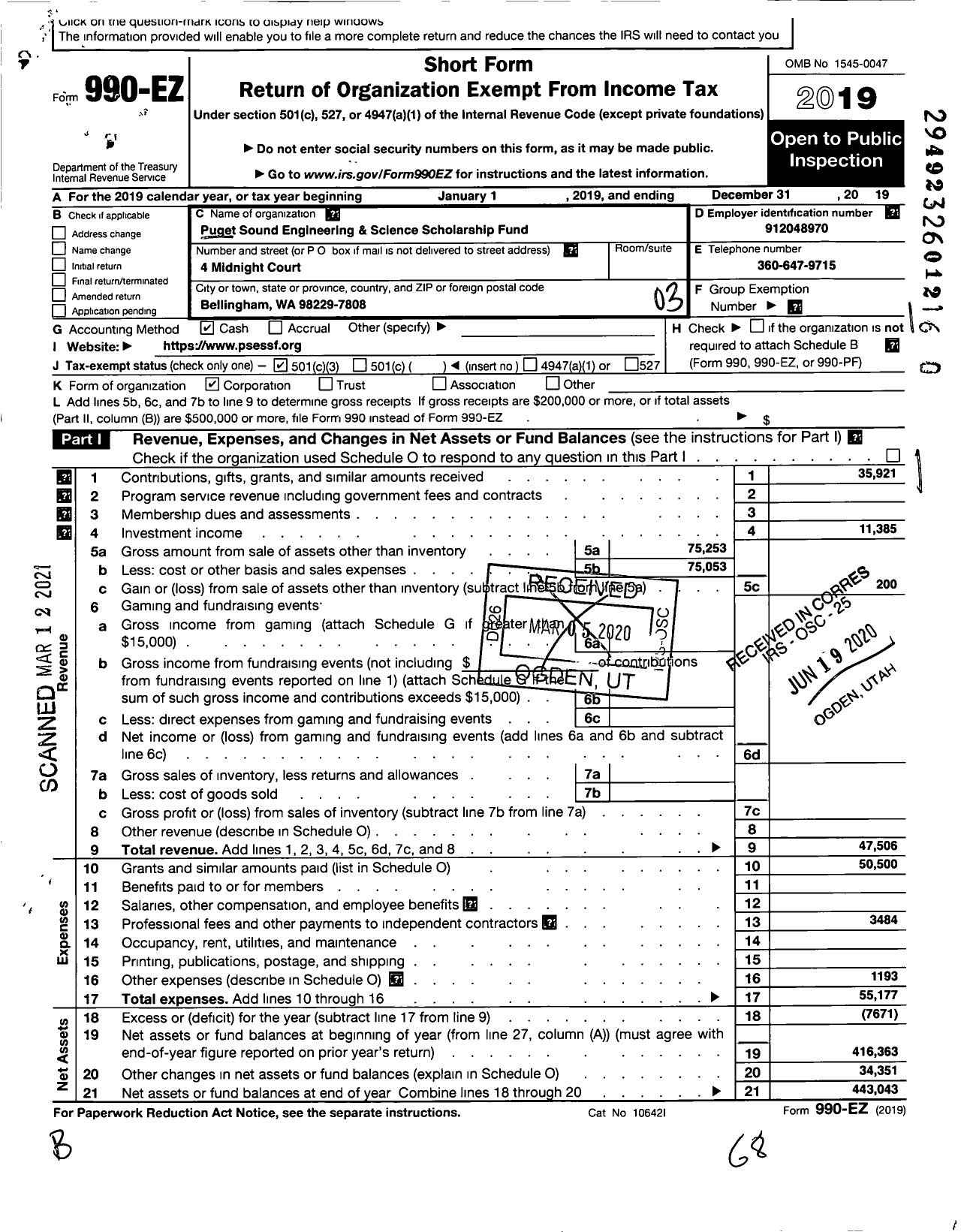 Image of first page of 2019 Form 990EZ for Puget Sound Engineering and Science Scholarship Fund