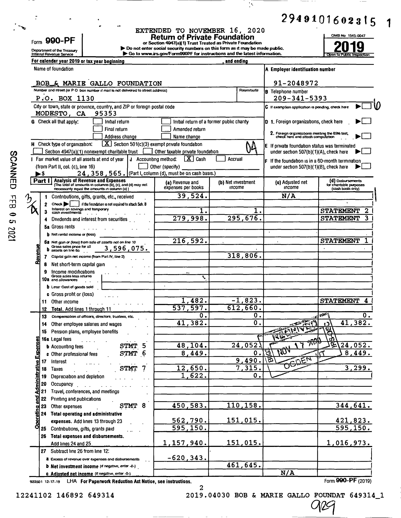 Image of first page of 2019 Form 990PF for Bob and Marie Gallo Foundation