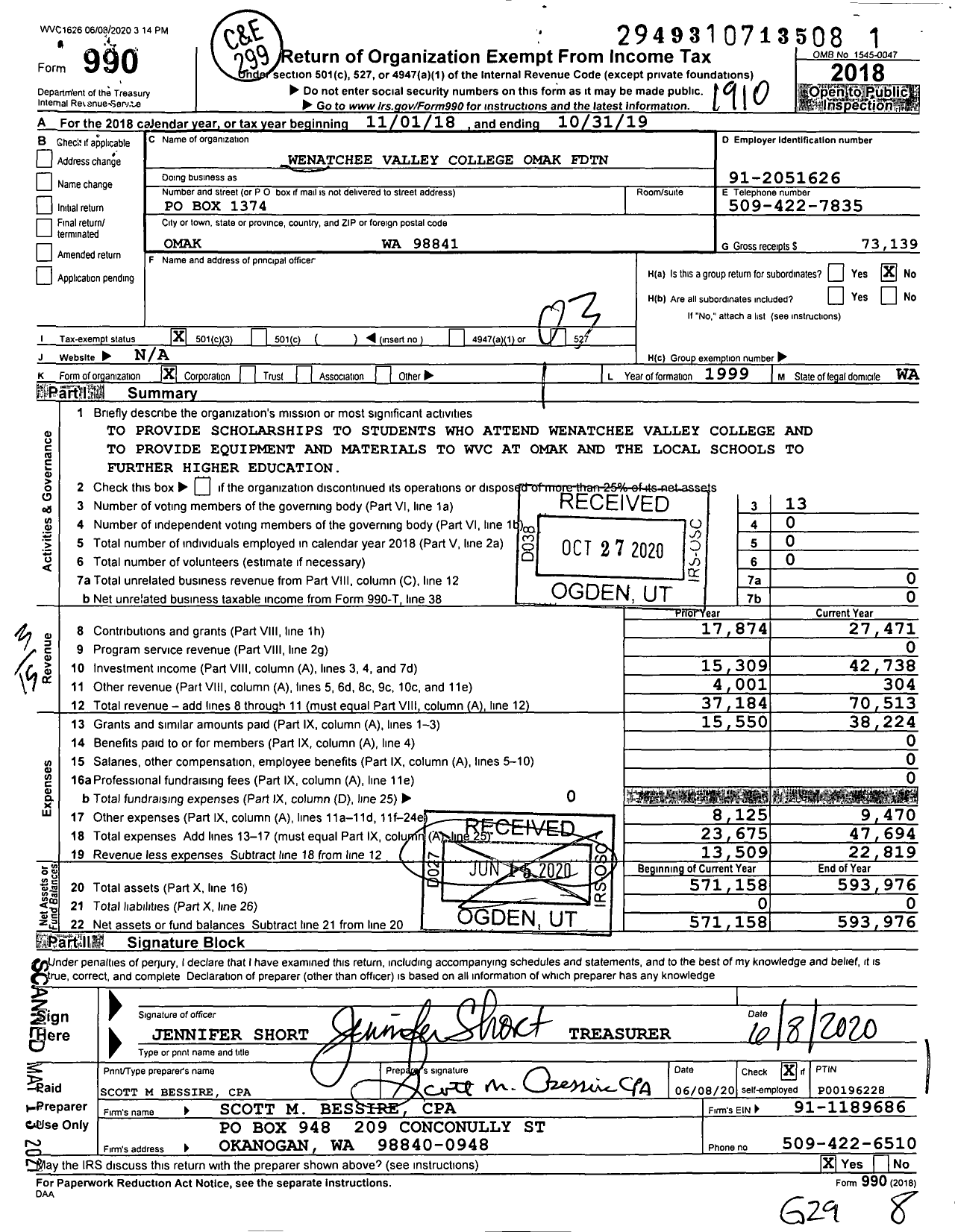 Image of first page of 2018 Form 990 for Wenatchee Valley College Omak FDTN