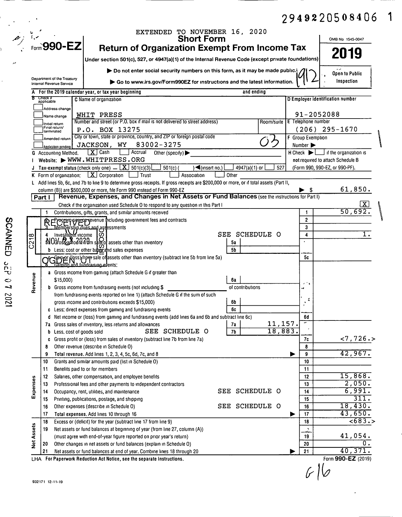 Image of first page of 2019 Form 990EZ for Whit Press