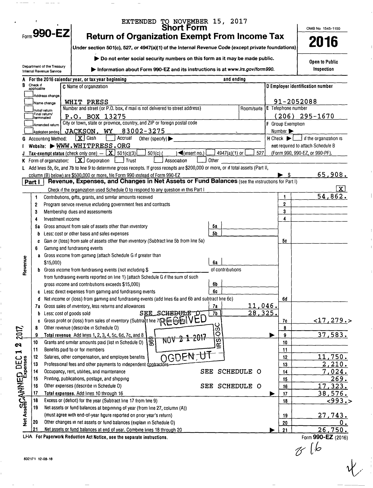 Image of first page of 2016 Form 990EZ for Whit Press