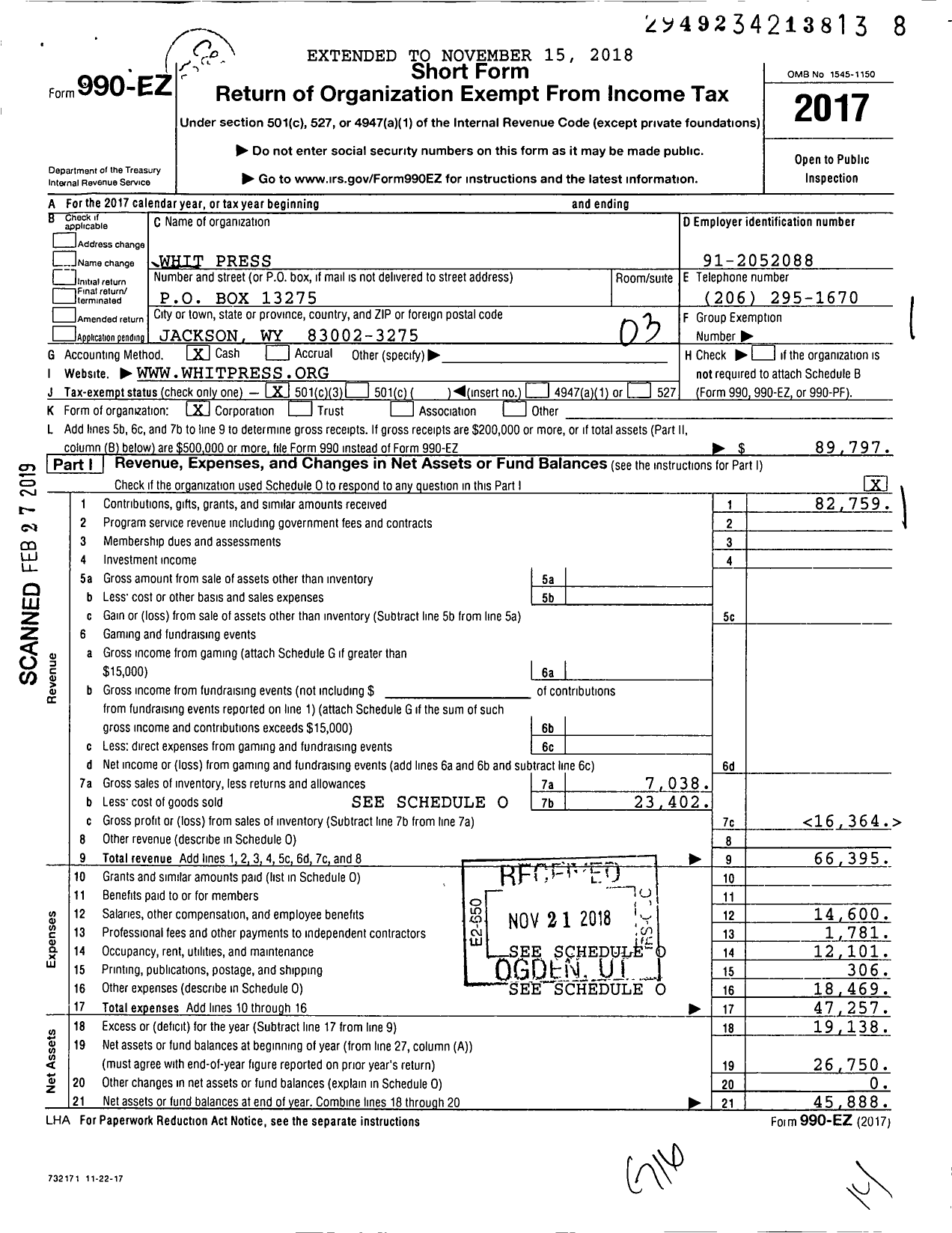 Image of first page of 2017 Form 990EZ for Whit Press