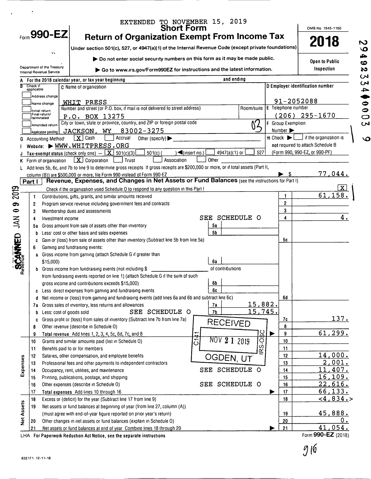 Image of first page of 2018 Form 990EZ for Whit Press