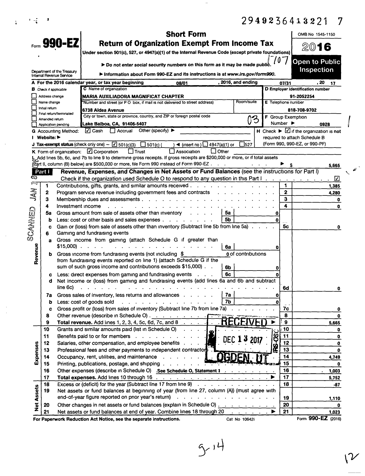 Image of first page of 2016 Form 990EZ for Maria Auxiliadora Magnificat Chapter