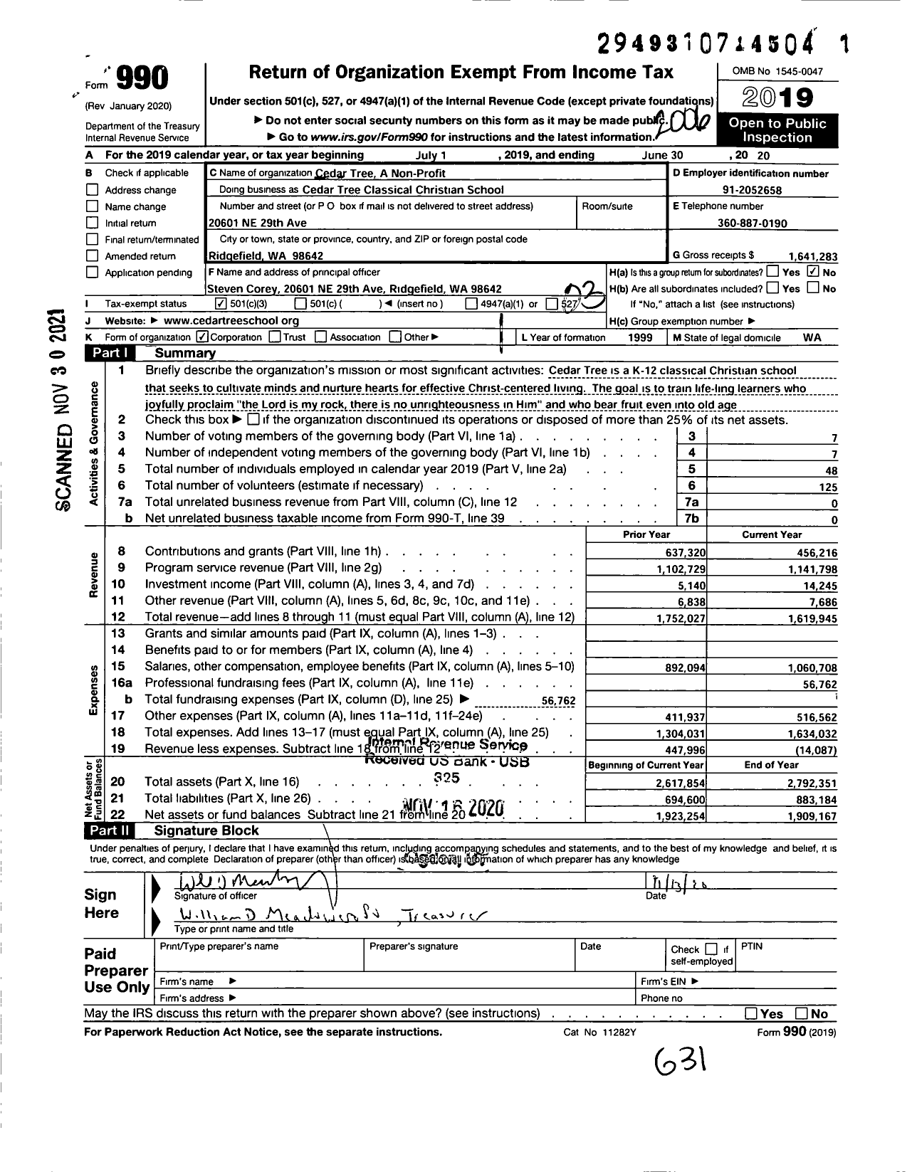 Image of first page of 2019 Form 990 for Cedar Tree Classical Christian School