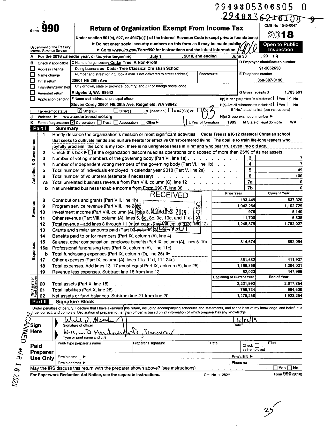 Image of first page of 2018 Form 990 for Cedar Tree Classical Christian School