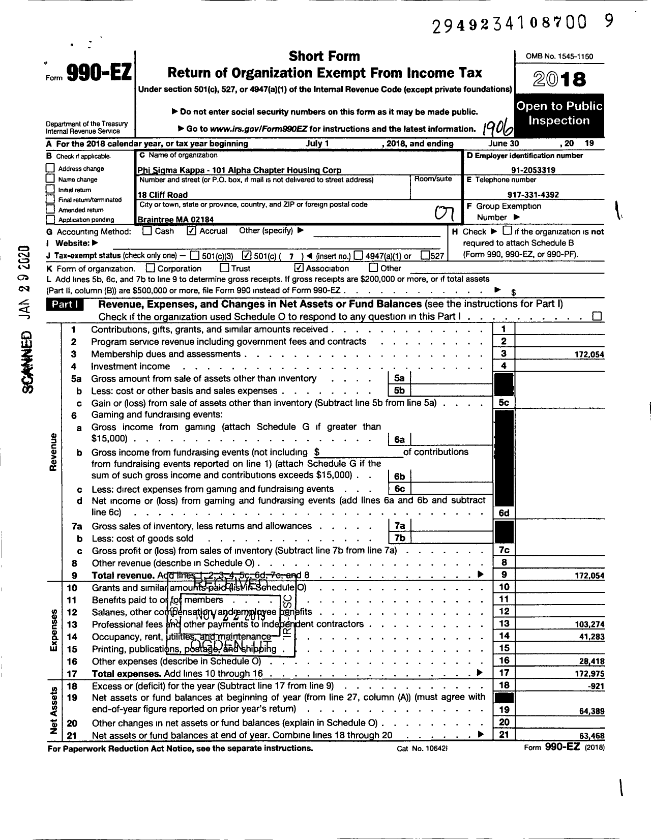 Image of first page of 2018 Form 990EO for Phi Sigma Kappa 101 Alpha Chapter Housing Corporation