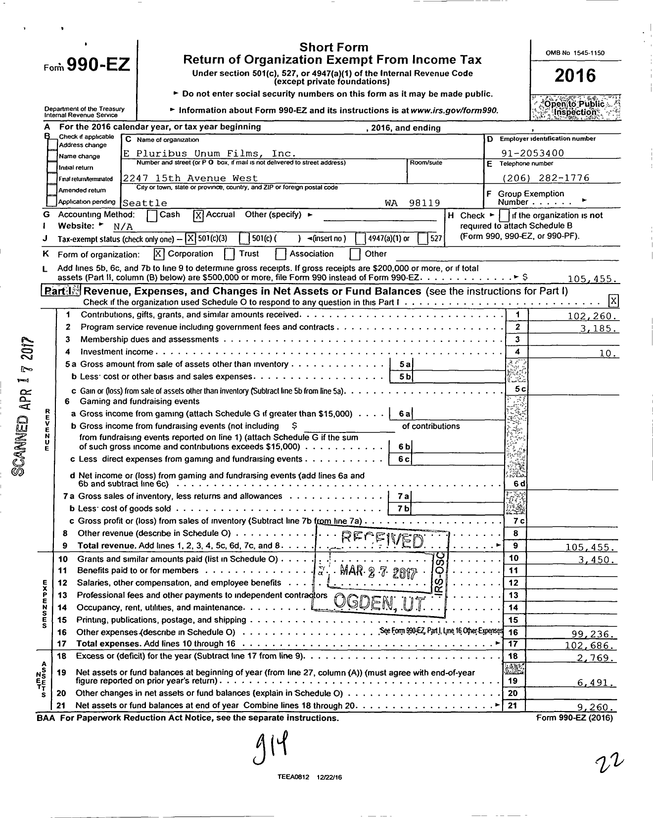 Image of first page of 2016 Form 990EZ for E Pluribus Unum Films