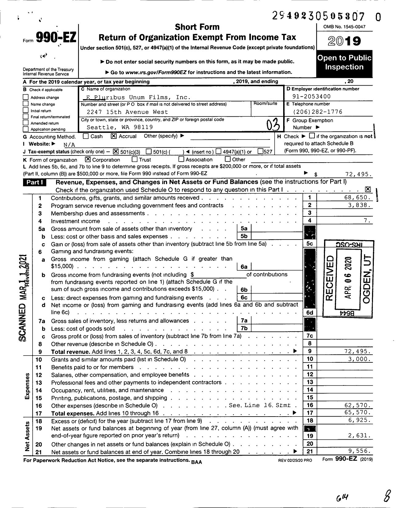 Image of first page of 2019 Form 990EZ for E Pluribus Unum Films