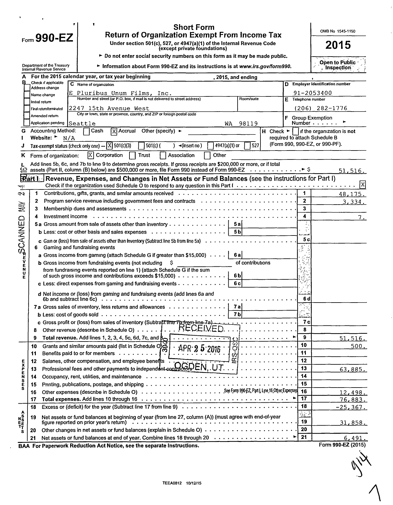 Image of first page of 2015 Form 990EZ for E Pluribus Unum Films