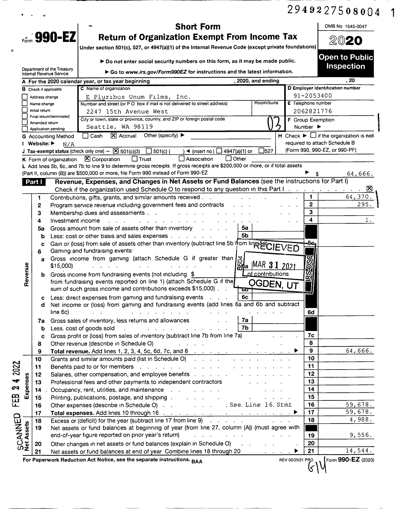 Image of first page of 2020 Form 990EZ for E Pluribus Unum Films