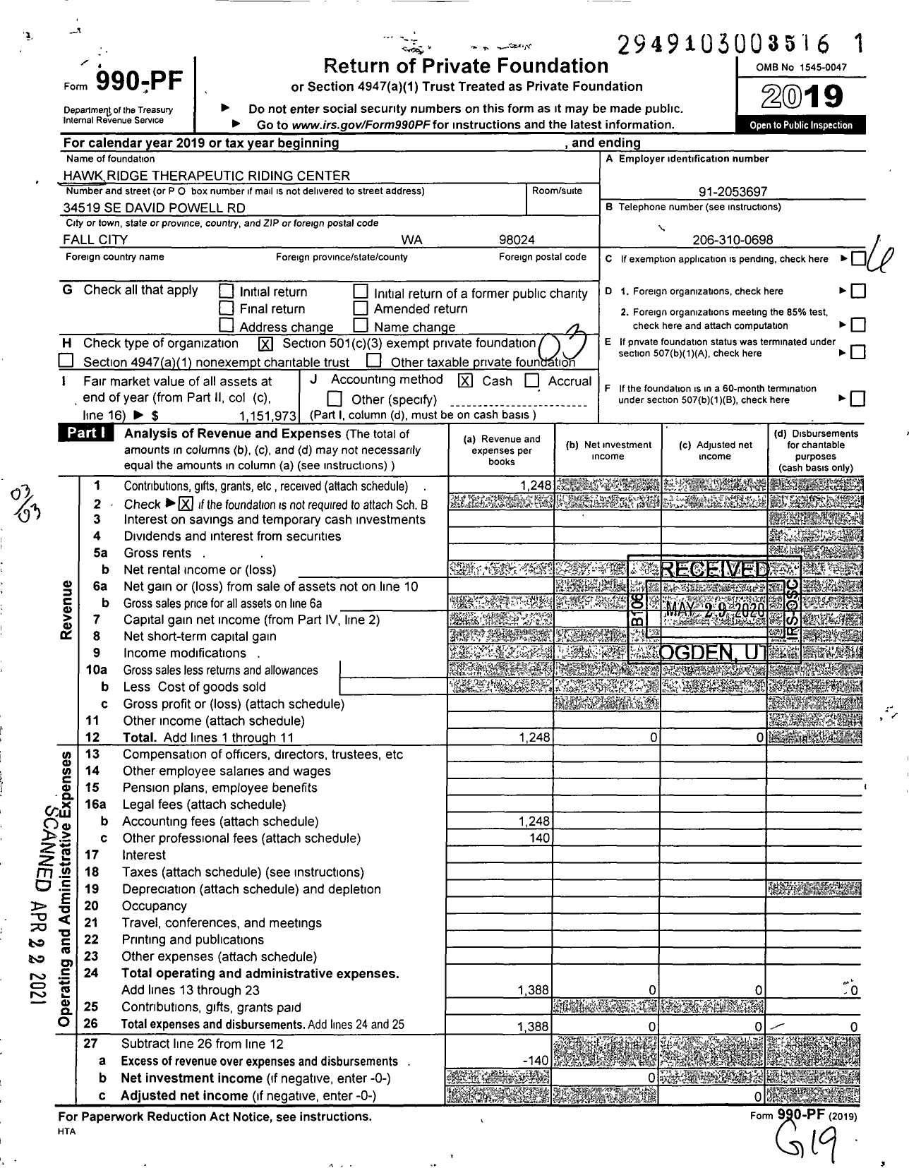 Image of first page of 2019 Form 990PF for Hawk Ridge Therapeutic Riding Center